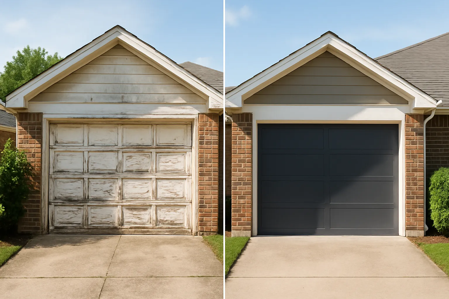 an old worn garage door beside a new modern garage door